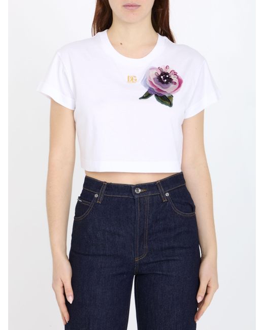 Dolce & Gabbana White Cropped Jersey T-Shirt With Flower Appliqué