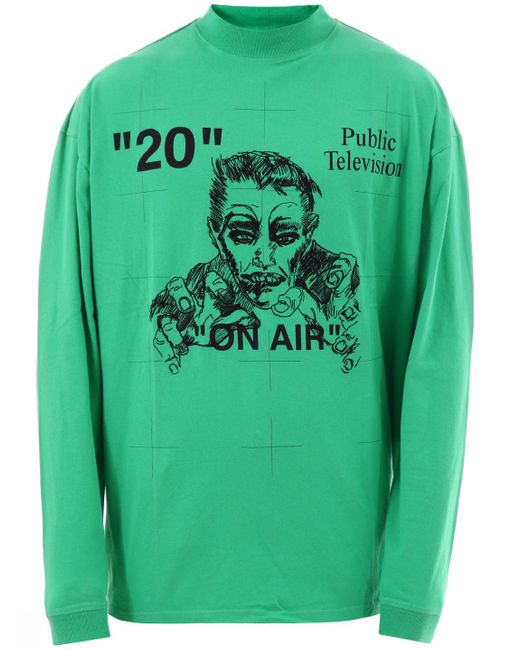 Off-White c/o Virgil Abloh Green Public Television Long Sleeved T-shirt for men