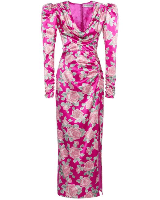 Alessandra Rich Pink Floral Draped Silk Satin Maxi Dress