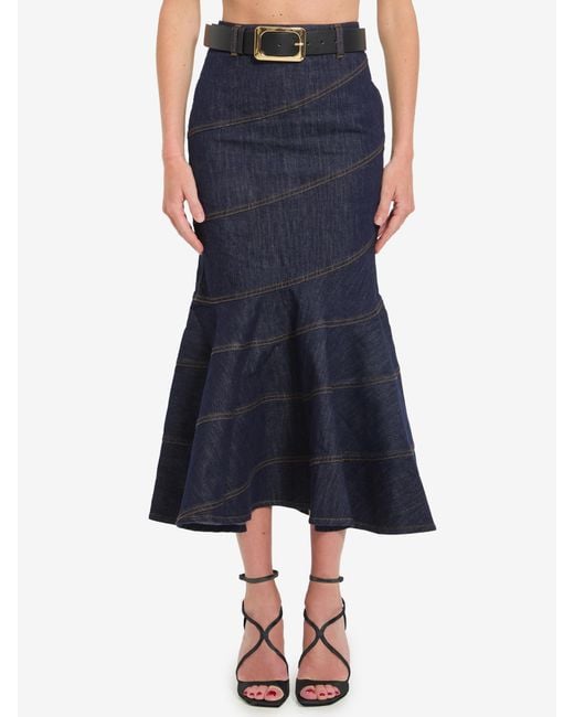 Self-Portrait Blue Denim Belted Midi Skirt