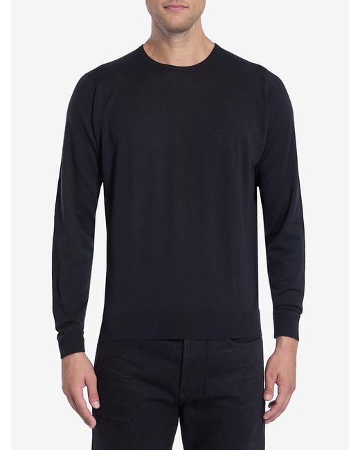 John Smedley Blue Merino Wool Crewneck Lundy Pullover for men