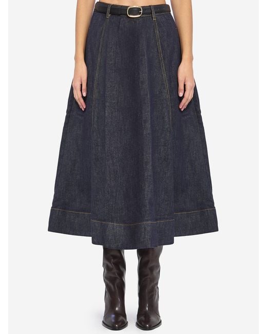 Self-Portrait Blue Flared Midi Skirt