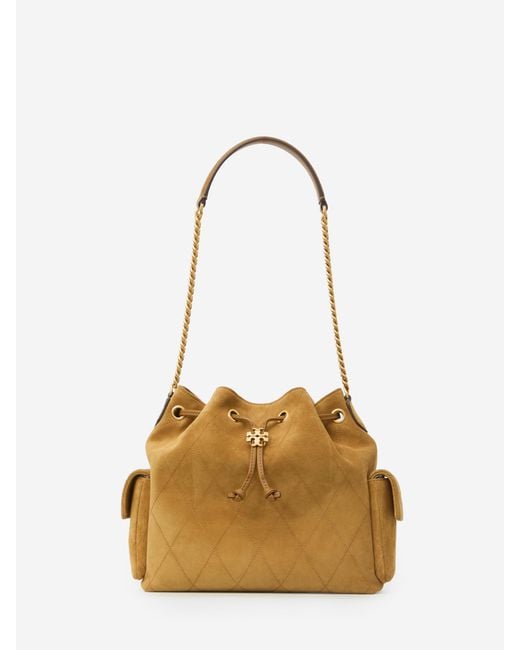 Tory Burch Natural Charlie Quilted Suede Drawstring Bag