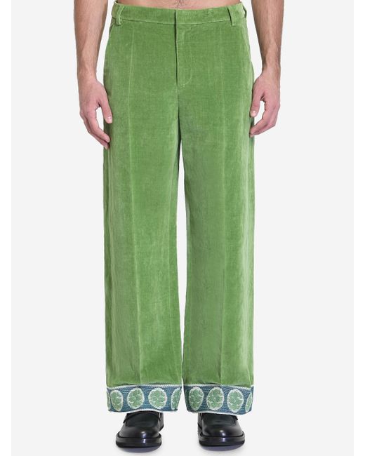 Valentino Garavani Green Velvet Trousers With Jacquard Hems for men