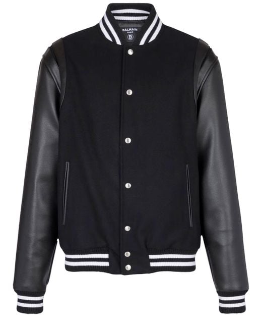 Balmain Black Wool And Leather Teddy Bomber Jacket for men