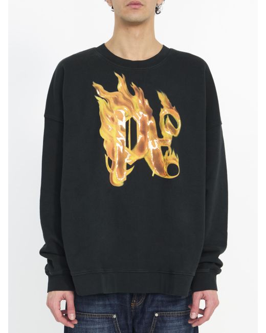 Palm Angels Black Burning Monogram Sweatshirt for men