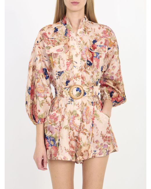 Zimmermann Pink Floral Print Belted Linen Short Playsuit