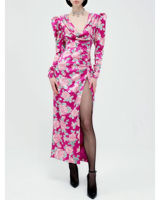 Alessandra Rich Pink Floral Draped Silk Satin Maxi Dress