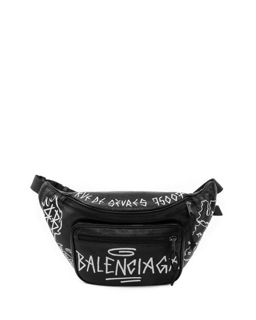 Balenciaga Black Graffiti Printed Leather Belt Bag for men