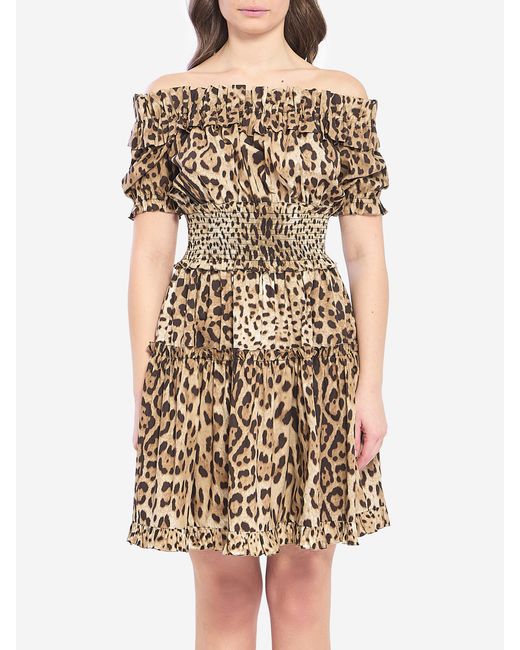 Dolce & Gabbana Natural Short Leopard Print Poplin Dress