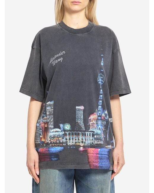 Alexander Wang Multicolor T-Shirt With Thermo-Applied Rhinestones And Shanghai Skyline