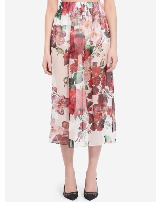 Gonna Longuette Con Stampa Rose di Dolce & Gabbana in Pink