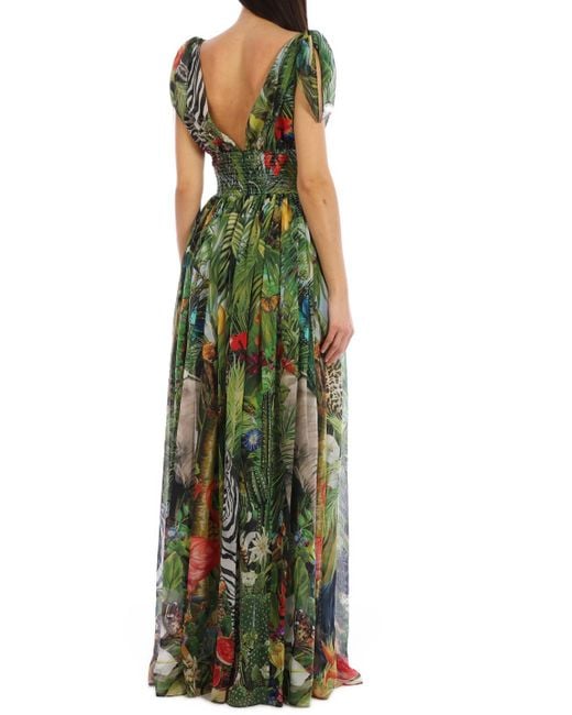 Dolce Gabbana Long Georgette Dress With Jungle Print in Green Lyst