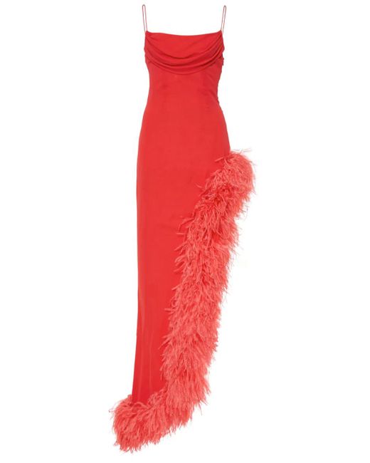 Alessandra Rich Red Feather Silk Dress