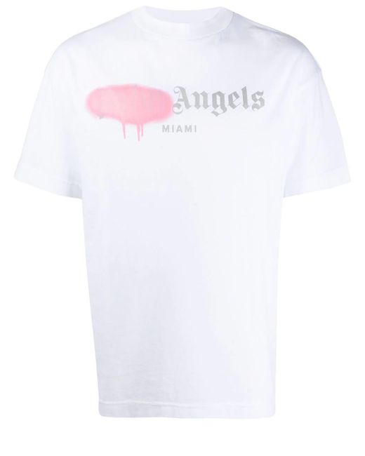 T-shirt Sprayed Logo bianca/rosa di Palm Angels in White da Uomo