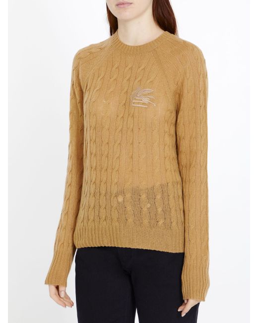 Etro Natural Cable Knit Sweater With Embroidered Logo