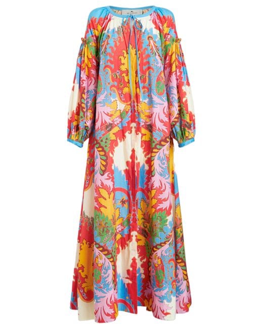 Etro Red Ruffled Printed Cotton And Silk-blend Jacquard Maxi Dress