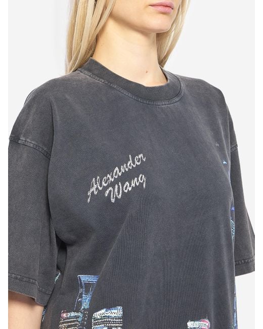 Alexander Wang Multicolor T-Shirt With Thermo-Applied Rhinestones And Shanghai Skyline
