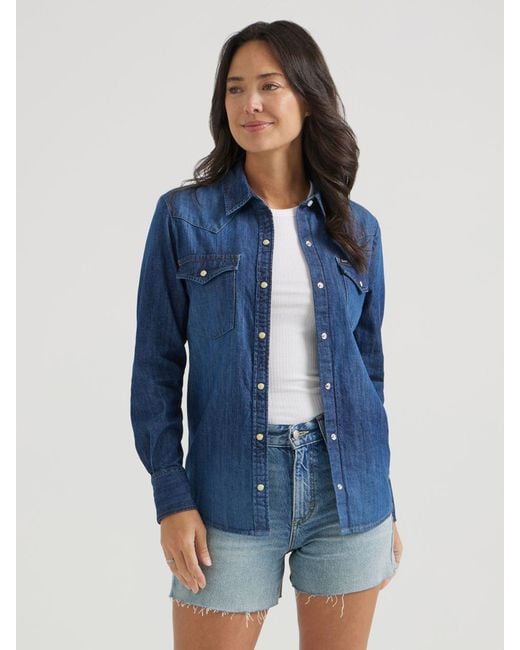 Lee Jeans Blue Womens Western Denim Snap Shirt