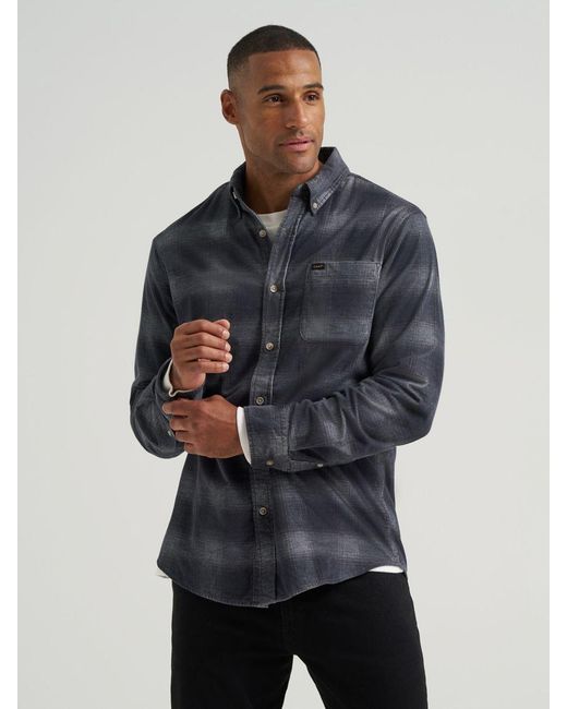 Lee Jeans Blue Mens Frosted Corduroy Plaid Button Down Shirt for men