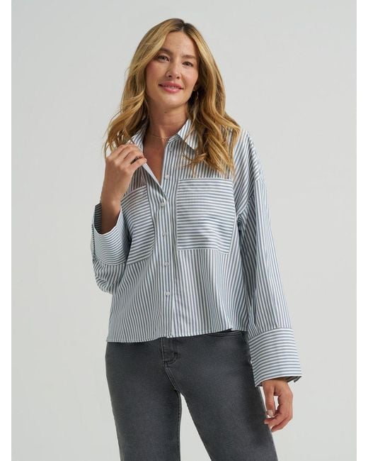 Lee Jeans Gray Womens Striped Crop Button Down Shirt