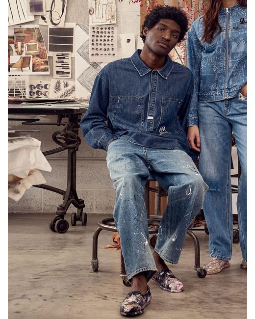 Lee Jeans Blue Mens X Basquiat Painted Wide Leg Jeans for men