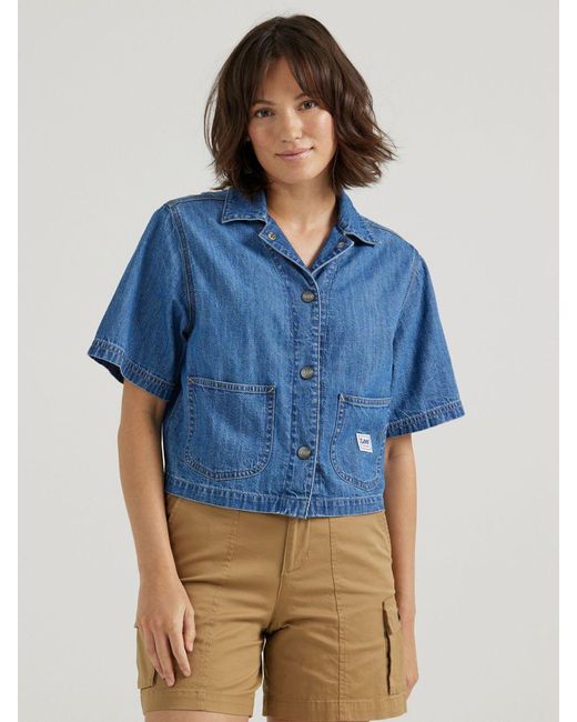 Lee Jeans Blue Womens Legendary Denim Crop Chore Shirt