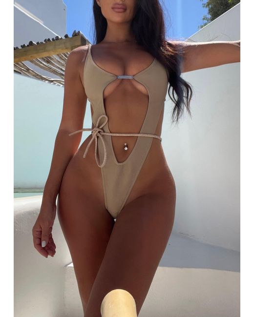 LemonLunar Brown The Jay High Rise Swimsuit Bandage Diamante Details