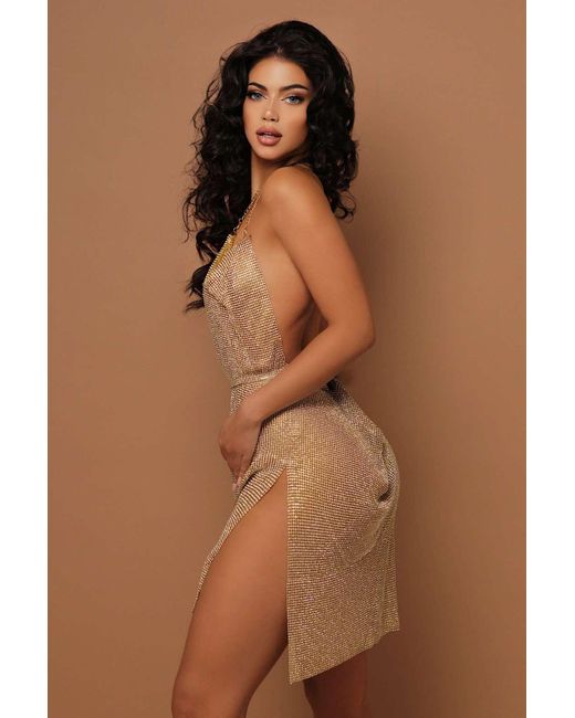 LemonLunar Brown The Dip It Low Diamanté Dress
