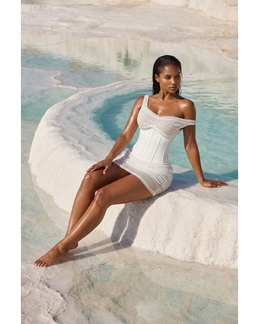 LemonLunar White The Cassia Mesh Stud Corset Mini Dress