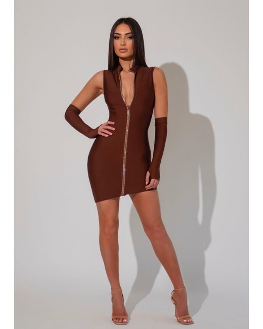 LemonLunar Brown The Serena Diamante Zip Bandage Dress