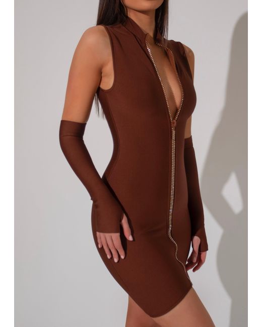 LemonLunar Brown The Serena Diamante Zip Bandage Dress