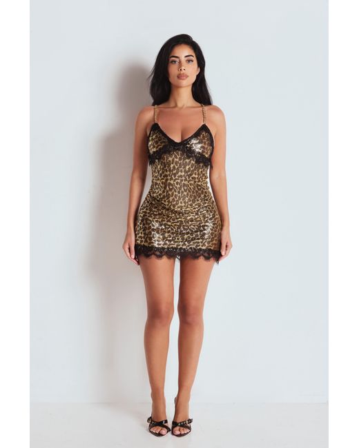 LemonLunar Black The Rosalie Leopard Chainmail Mini Dress