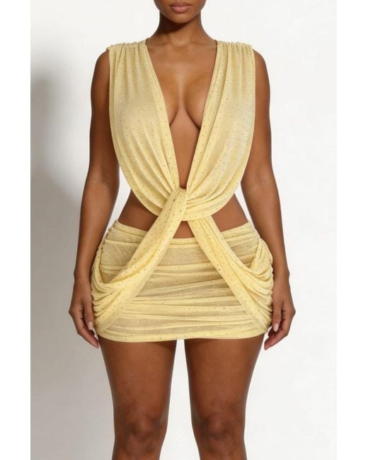 LemonLunar Yellow The Veda Mesh Stud Mini Dress