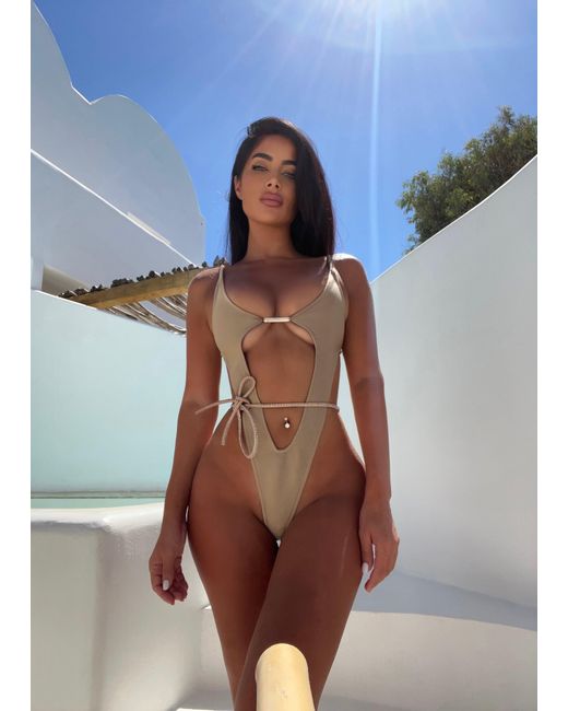 LemonLunar Brown The Jay High Rise Swimsuit Bandage Diamante Details