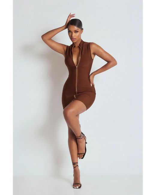 LemonLunar Brown The Serena Diamante Zip Bandage Dress