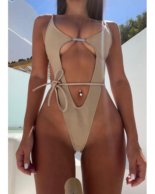 LemonLunar Brown The Jay High Rise Swimsuit Bandage Diamante Details