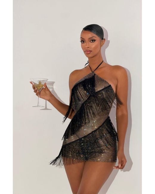 LemonLunar Black The Ciela Mesh Diamante Mini Dress
