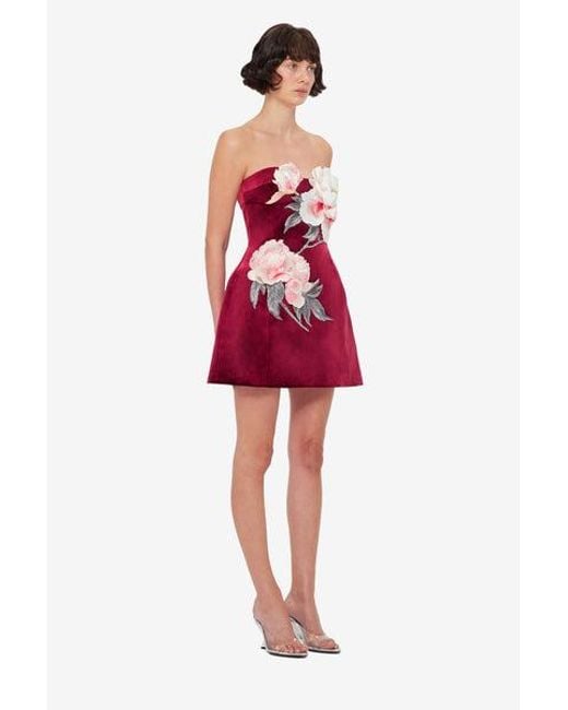 LEO LIN Red Rosanne Velvet Appliqué Floral Bustier Mini Dress