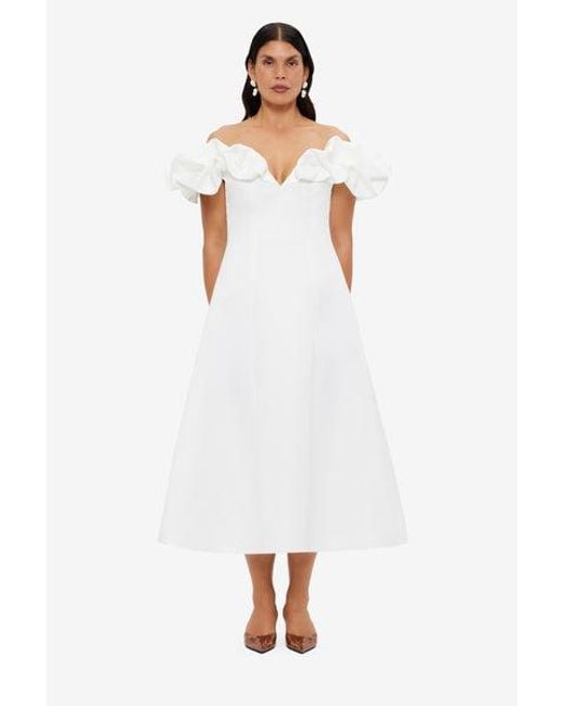 LEO LIN White Annie Off Shoulder Frill Midi Dress