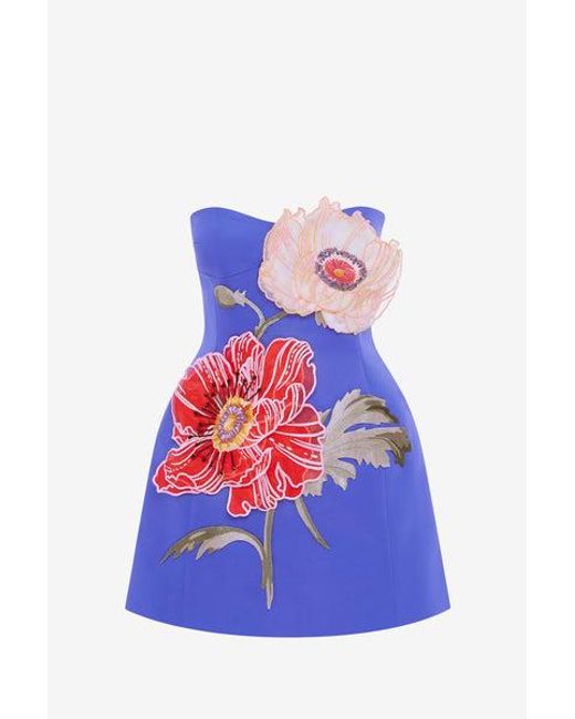 LEO LIN Blue Rosario Appliqué Floral Bustier Mini Dress