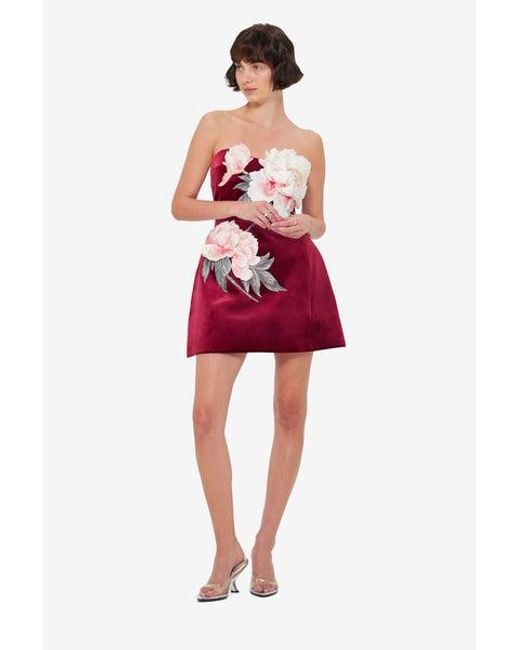 LEO LIN Red Rosanne Velvet Appliqué Floral Bustier Mini Dress