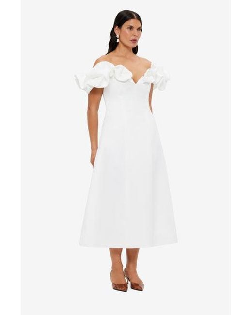 LEO LIN White Annie Off Shoulder Frill Midi Dress