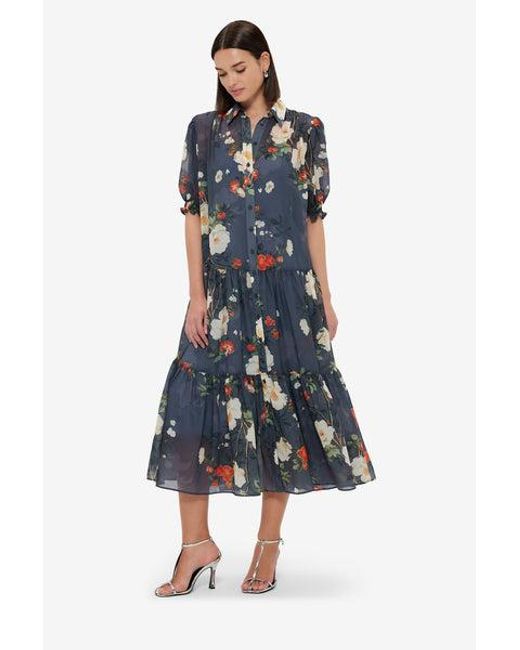 LEO LIN Blue Ellie Bishop Sleeve Midi Dress