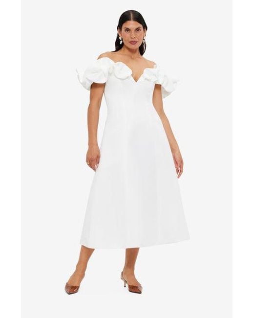 LEO LIN White Annie Off Shoulder Frill Midi Dress