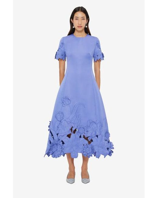 LEO LIN Blue Caroline Appliqué Short Sleeve Midi Dress