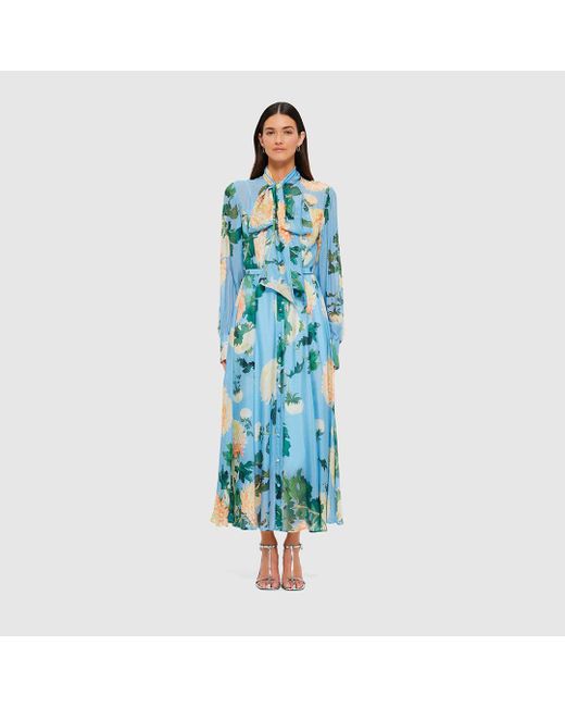 LEO LIN Liliane Tie Neck Midi Dress in Blue | Lyst