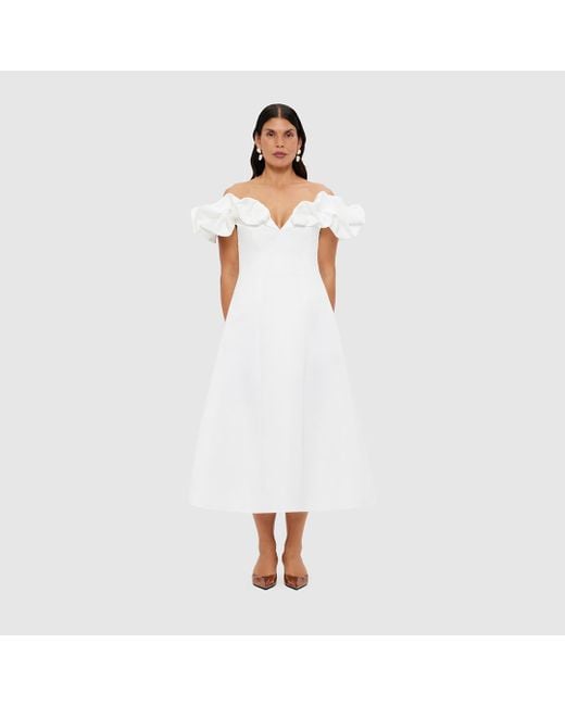 LEO LIN White Annie Off Shoulder Frill Midi Dress
