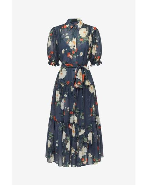 LEO LIN Blue Ellie Bishop Sleeve Midi Dress