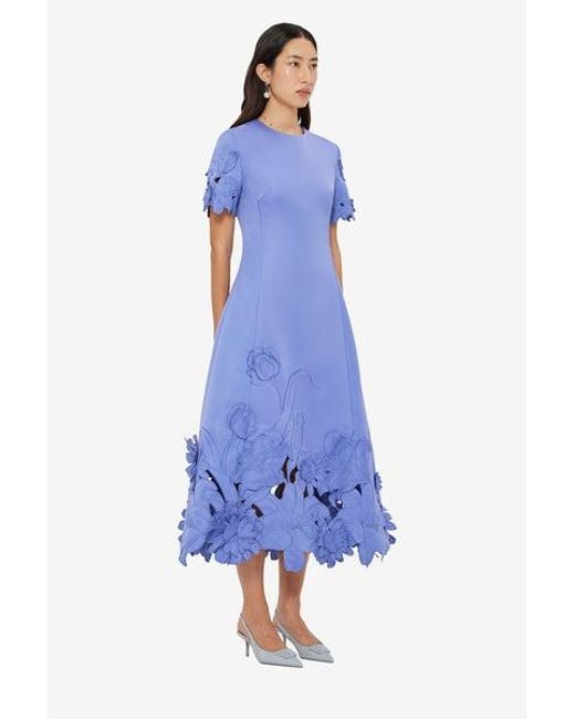 LEO LIN Blue Caroline Appliqué Short Sleeve Midi Dress